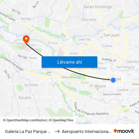 Galería La Paz Parque Central, San José to Aeropuerto Internacional Tobías Bolaños map
