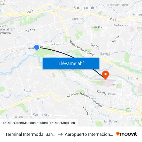 Terminal Intermodal San Antonio De Belén to Aeropuerto Internacional Tobías Bolaños map