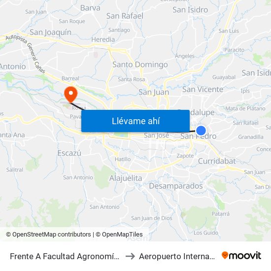 Frente A Facultad Agronomía Campus Ucr, Montes De Oca to Aeropuerto Internacional Tobías Bolaños map