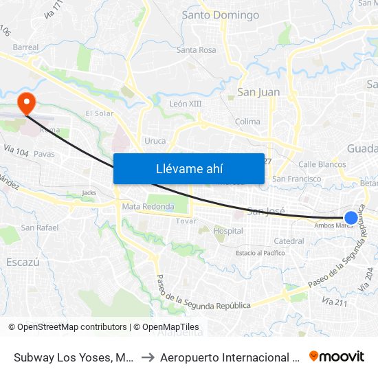 Subway Los Yoses, Montes De Oca to Aeropuerto Internacional Tobías Bolaños map