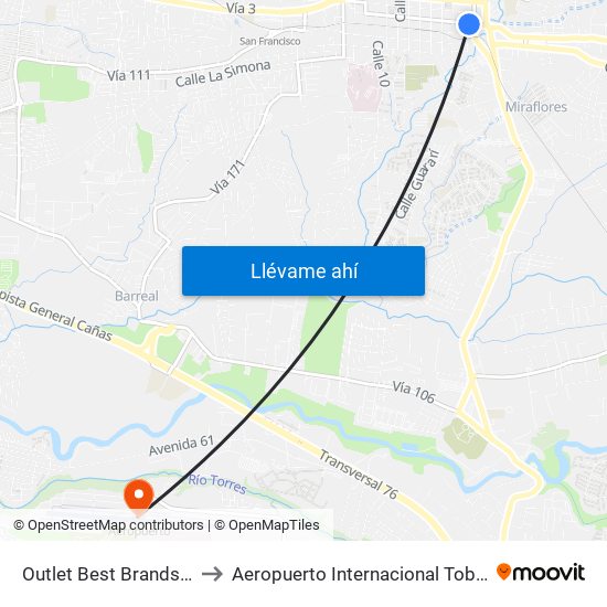 Outlet Best Brands Heredia to Aeropuerto Internacional Tobías Bolaños map