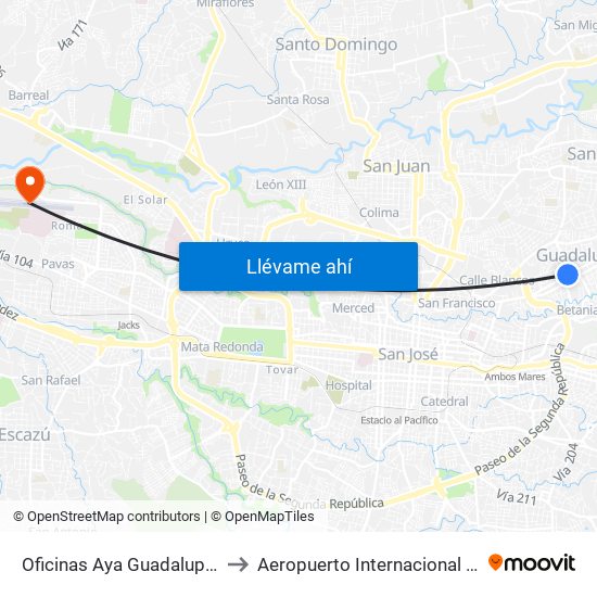 Oficinas Aya Guadalupe, Goicoechea to Aeropuerto Internacional Tobías Bolaños map