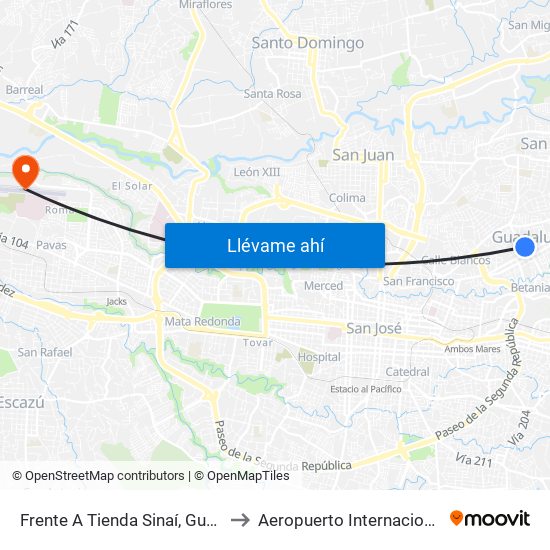 Frente A Tienda Sinaí, Guadalupe Goicoechea to Aeropuerto Internacional Tobías Bolaños map