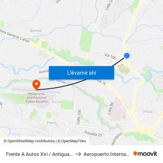 Frente A Autos Xiri / Antigua Peugeot, La Valencia Heredia to Aeropuerto Internacional Tobías Bolaños map