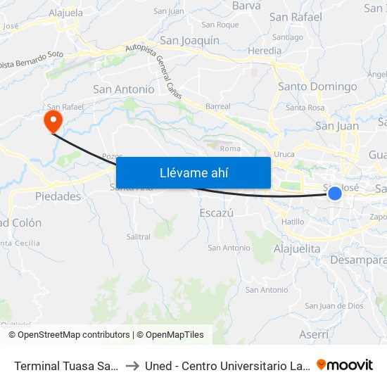 Terminal Tuasa San José to Uned - Centro Universitario La Reforma map
