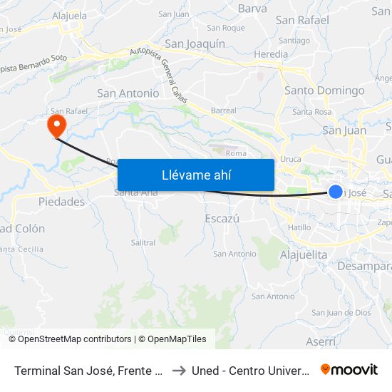 Terminal San José, Frente A Mercado Coca Cola to Uned - Centro Universitario La Reforma map