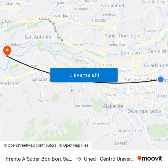 Frente A Súper Bon Bon, San Pedro Montes De Oca to Uned - Centro Universitario La Reforma map