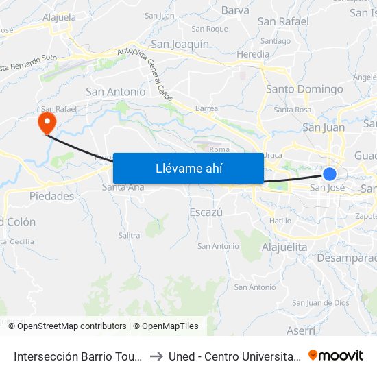 Intersección Barrio Tournon, San José to Uned - Centro Universitario La Reforma map