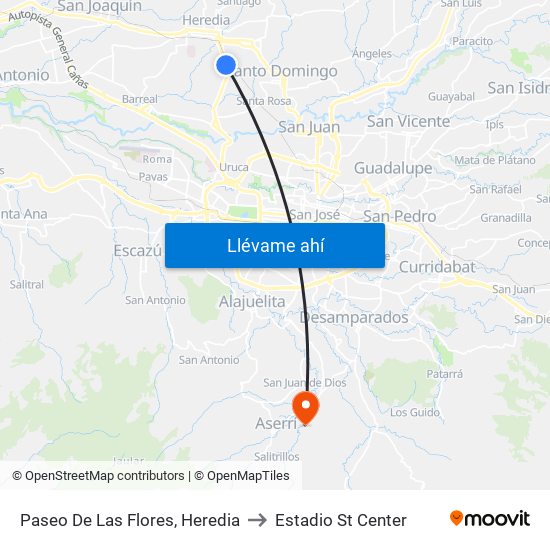 Paseo De Las Flores, Heredia to Estadio St Center map