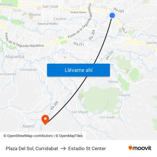 Plaza Del Sol, Curridabat to Estadio St Center map