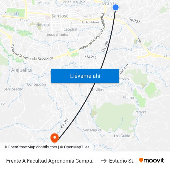 Frente A Facultad Agronomía Campus Ucr, Montes De Oca to Estadio St Center map