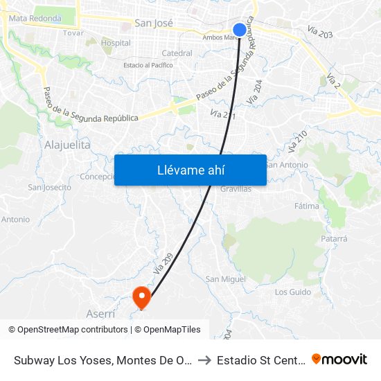 Subway Los Yoses, Montes De Oca to Estadio St Center map