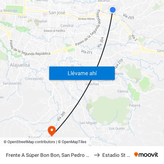 Frente A Súper Bon Bon, San Pedro Montes De Oca to Estadio St Center map