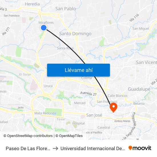 Paseo De Las Flores, Heredia to Universidad Internacional De Las Américas map