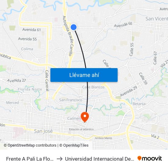 Frente A Pali La Florida, Tibás to Universidad Internacional De Las Américas map