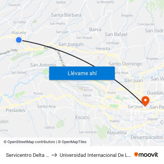 Servicentro Delta Alajuela to Universidad Internacional De Las Américas map