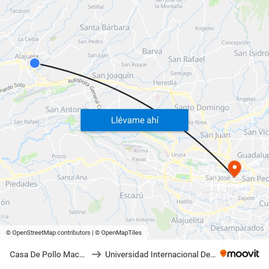 Casa De Pollo Macho, Alajuela to Universidad Internacional De Las Américas map