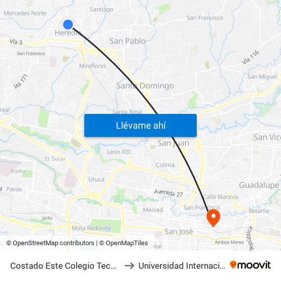 Costado Este Colegio Tecnico Profesional De Heredia to Universidad Internacional De Las Américas map