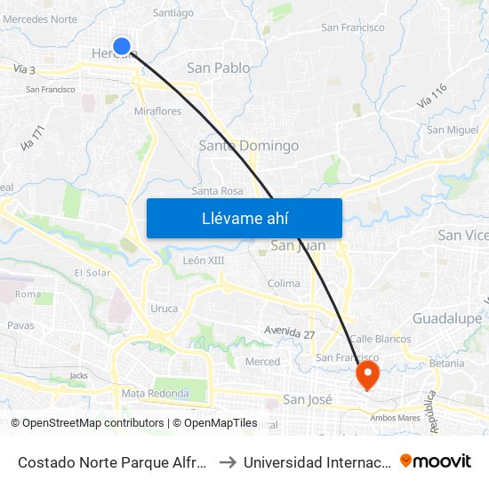 Costado Norte Parque Alfredo González Flores, Heredia to Universidad Internacional De Las Américas map
