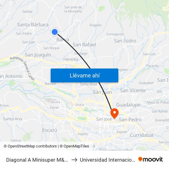 Diagonal A Minisuper M&M, San Pedro De Barva to Universidad Internacional De Las Américas map