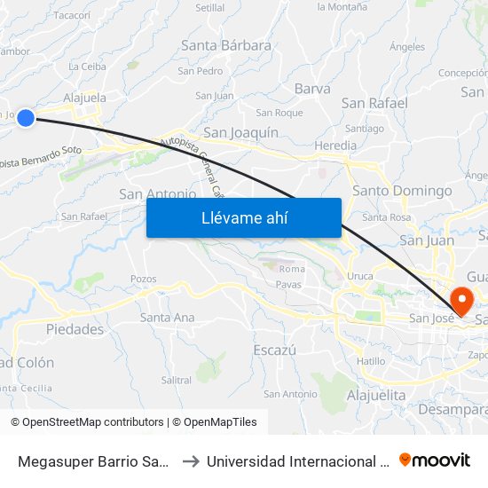 Megasuper Barrio San José, Alajuela to Universidad Internacional De Las Américas map
