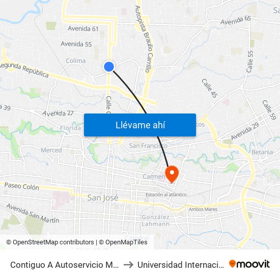 Contiguo A Autoservicio Morocco, San Juan De Tibás to Universidad Internacional De Las Américas map