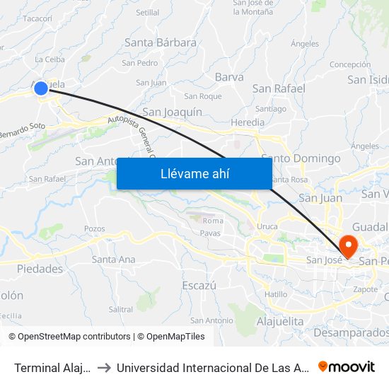 Terminal Alajuela to Universidad Internacional De Las Américas map