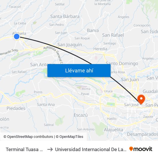 Terminal Tuasa Heredia to Universidad Internacional De Las Américas map