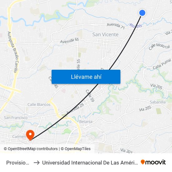 Provisional to Universidad Internacional De Las Américas map