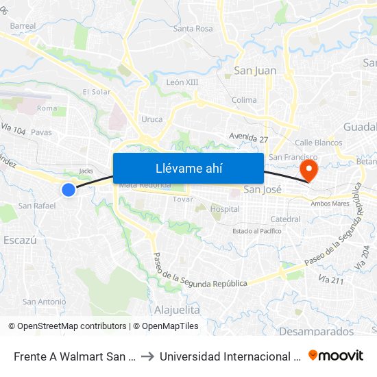 Frente A Walmart San Rafael, Escazú to Universidad Internacional De Las Américas map