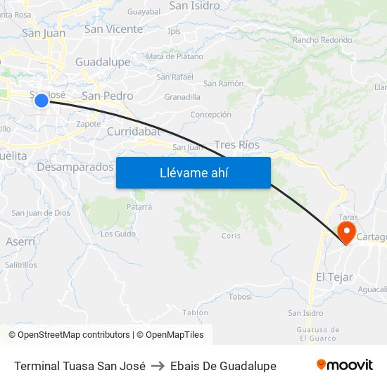 Terminal Tuasa San José to Ebais De Guadalupe map