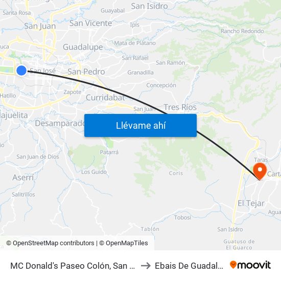 MC Donald's Paseo Colón, San José to Ebais De Guadalupe map