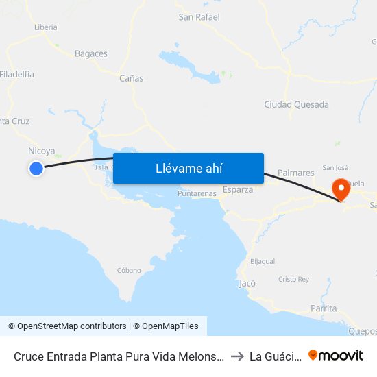 Cruce Entrada Planta Pura Vida Melons, Nicoya to La Guácima map