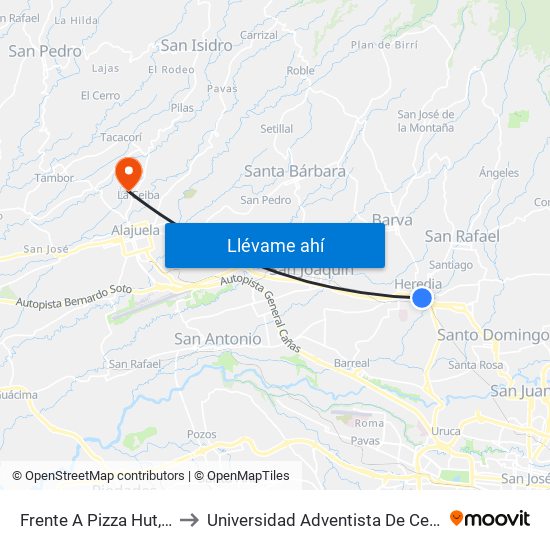 Frente A Pizza Hut, Heredia to Universidad Adventista De Centroamérica map