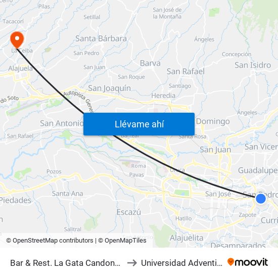 Bar & Rest. La Gata Candonga San Pedro, Montes De Oca to Universidad Adventista De Centroamérica map