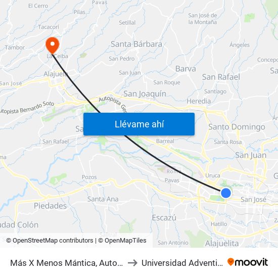 Más X Menos Mántica, Autopista General Cañas San José to Universidad Adventista De Centroamérica map