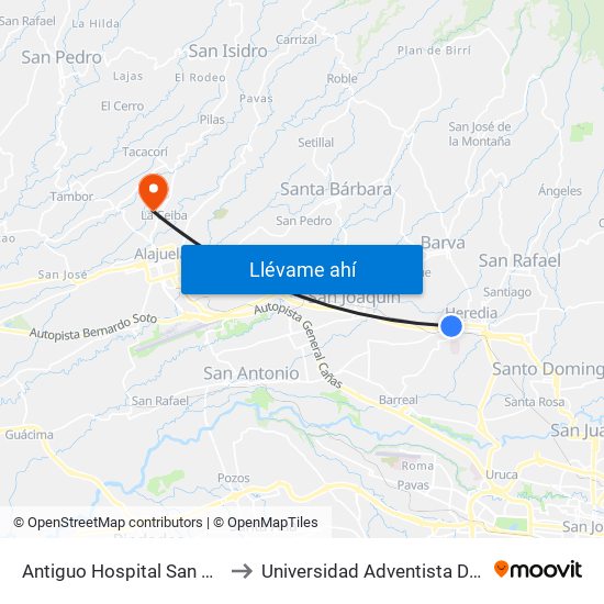 Antiguo Hospital San Vicente De Paul to Universidad Adventista De Centroamérica map