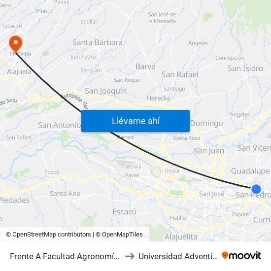 Frente A Facultad Agronomía Campus Ucr, Montes De Oca to Universidad Adventista De Centroamérica map