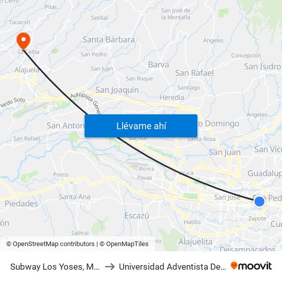 Subway Los Yoses, Montes De Oca to Universidad Adventista De Centroamérica map