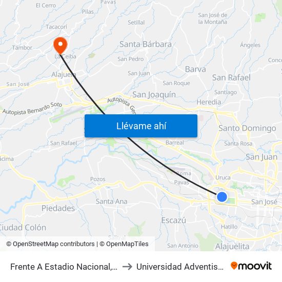 Frente A Estadio Nacional, Sabana Norte San José to Universidad Adventista De Centroamérica map