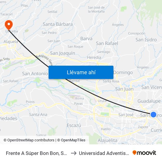 Frente A Súper Bon Bon, San Pedro Montes De Oca to Universidad Adventista De Centroamérica map