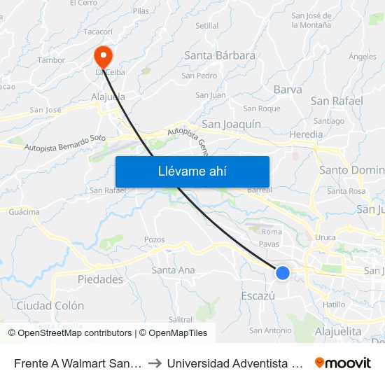 Frente A Walmart San Rafael, Escazú to Universidad Adventista De Centroamérica map
