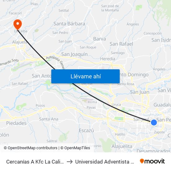 Cercanías A Kfc La California, San José to Universidad Adventista De Centroamérica map
