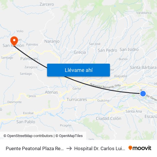 Puente Peatonal Plaza Real Cariari, Heredia to Hospital Dr. Carlos Luis Valverde Vega map