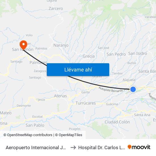 Aeropuerto Internacional Juan Santamaría, Alajuela to Hospital Dr. Carlos Luis Valverde Vega map