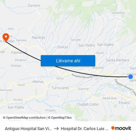 Antiguo Hospital San Vicente De Paul to Hospital Dr. Carlos Luis Valverde Vega map