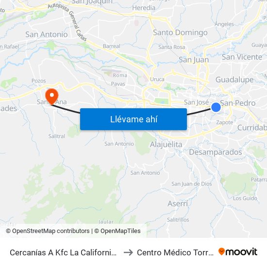 Cercanías A Kfc La California, San José to Centro Médico Torre Fuerte map