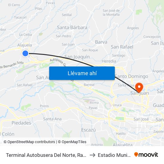 Terminal Autobusera Del Norte, Radial Francisco J. Orlich Alajuela to Estadio Municipal De Tibás map