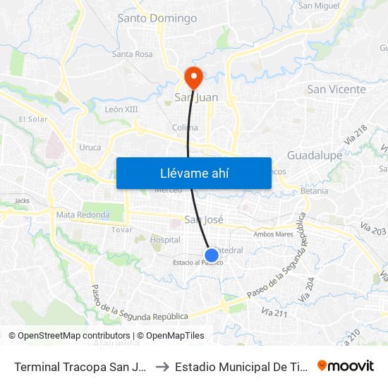 Terminal Tracopa San José to Estadio Municipal De Tibás map