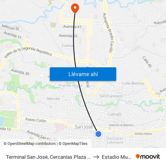 Terminal San José, Cercanías Plaza De Las Garantías Sociales La Soledad to Estadio Municipal De Tibás map